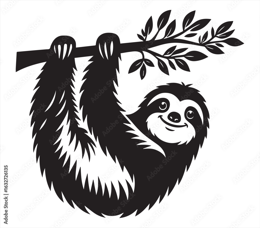 Obraz premium Cute Sloth Hanging on Tree Branch | Black and White Animal Line Art Vector