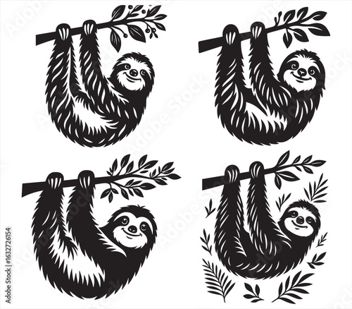 Cute Sloth Hanging on Tree Branch | Black and White Animal Line Art Vector