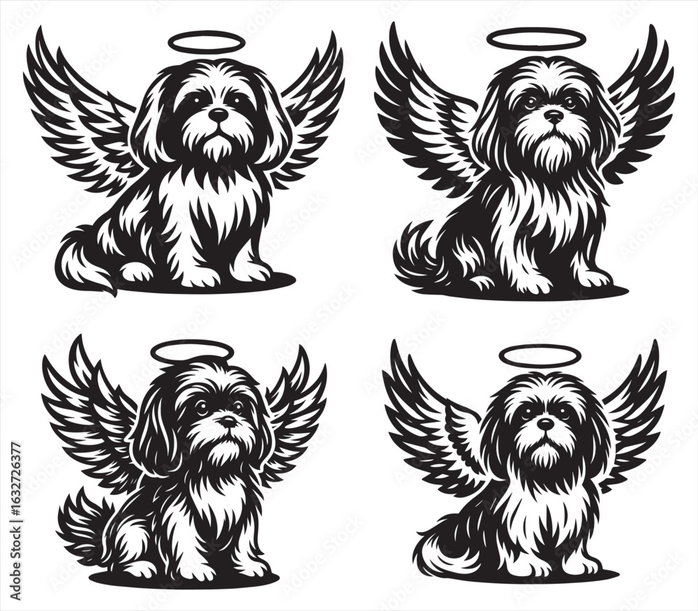 Obraz premium Angel Dog with Wings and Halo | Black and White Pet Memorial Line Art Vector