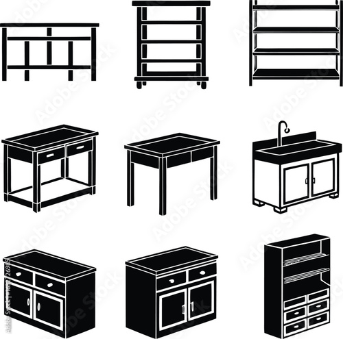 Black Silhouette Icons of Various Furniture and Shelving Units storage cabinet