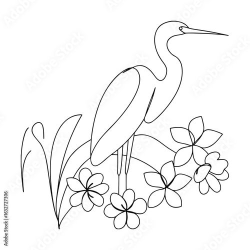 Elegant heron standing amidst blooming flowers bird