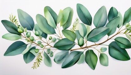 a watercolor illustration of eucalyptus leaves and buds showcasing natural beauty