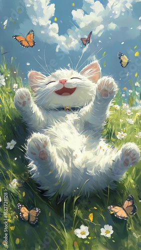 Happy Cat in Meadow with Butterflies