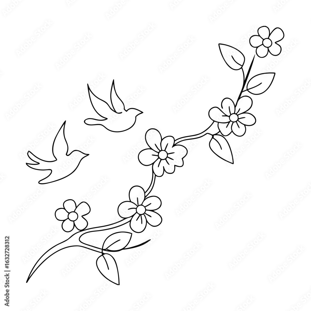 Fototapeta premium Two birds flying near blooming branch black and white