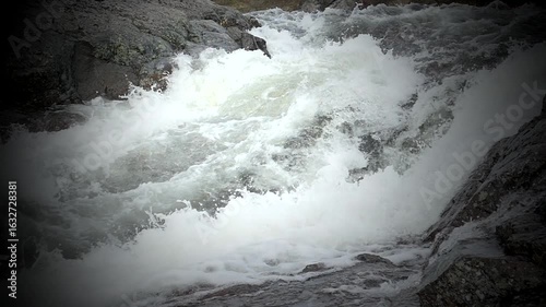 A boisterous spring stream is boiling and foaming - a small  noisy river. Footage of slow motion. 