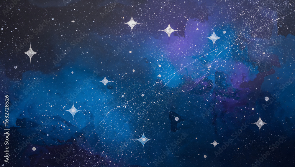 Fototapeta premium Abstract celestial shapes and stars on deep gradient backgrounds.