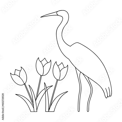 Elegant crane standing near blooming tulips bird heron