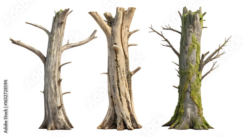 Three weathered dead tree trunks stand starkly, one covered in vibrant green moss