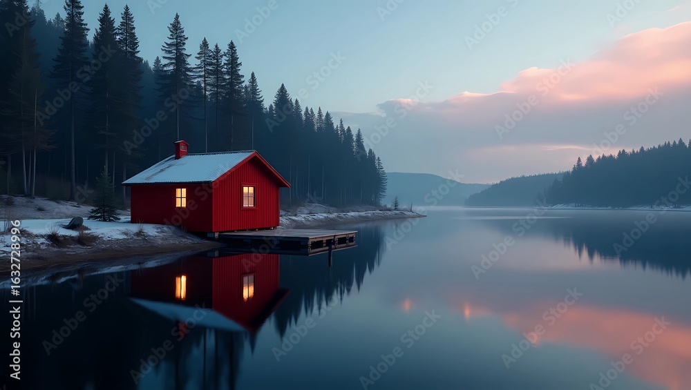 Fototapeta premium A traditional red Scandinavian cabin on the edge of a perfectly still, mirror-like lake, the cabin is painted in vibrant
