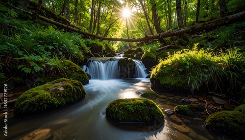 Sunlit Waterfall in Lush Forest