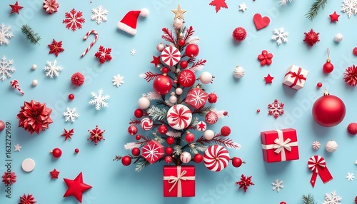 Christmas tree from red knick knack on blue background, flat lay. Vertical.