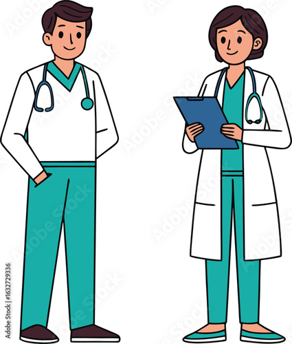 Doctors Man and Woman with Stethoscopes and Clipboard on White Background medical