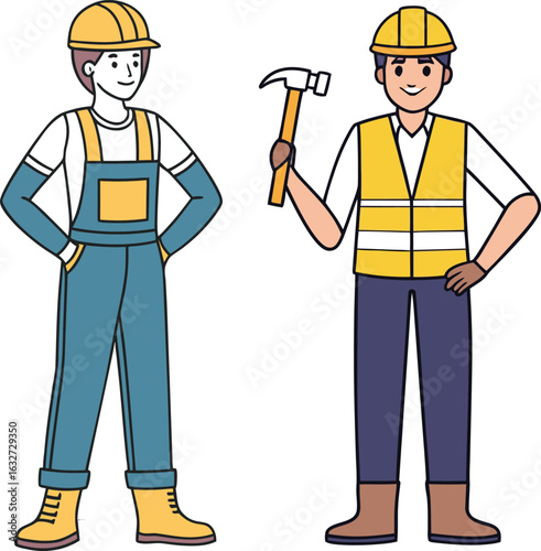 Construction Workers Man with Hammer and Vest and Man with Overalls and Boots safety vest