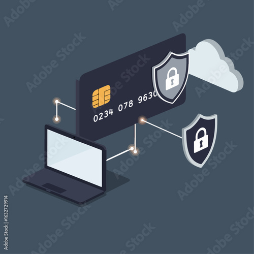 Secure Online Payment with Credit Card and Laptop – Fintech Vector Design


