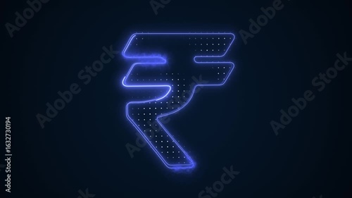 3D Moving Neon Blue Rupee Sign Outline Loop Background