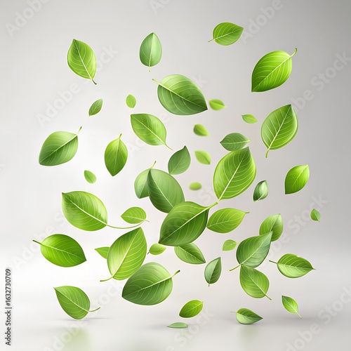 Wallpaper Mural Scattered fresh green leaves floating and falling, isolated on a white background, symbolizing nature and growth Torontodigital.ca