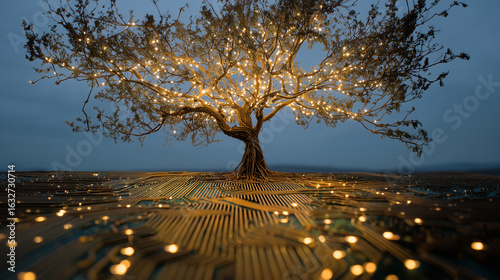 Tree with circuit-board branches rooted in digital ground at night. Ai gen.
