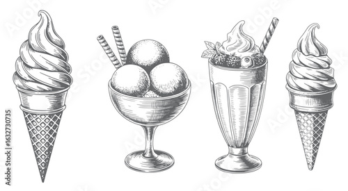 Vintage ice cream sundae and dessert sketch. Retro style scooped ice cream and parfait glass illustration.