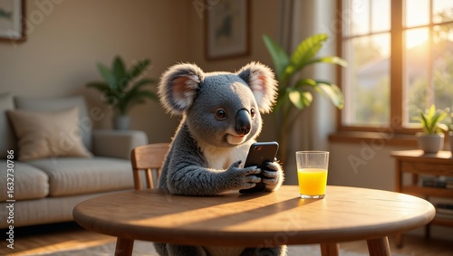 Cute koala bear using smartphone at table with juice in living room, ai generated