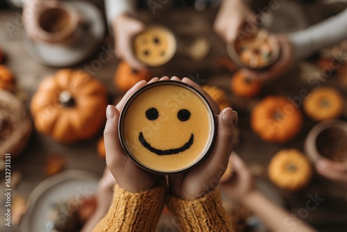 A pair of hands wearing a cozy sweater holds a bowl of pumpkin soup topped with a smiley face. Surrounding pumpkins and warm-toned decor create a cheerful autumn vibe.