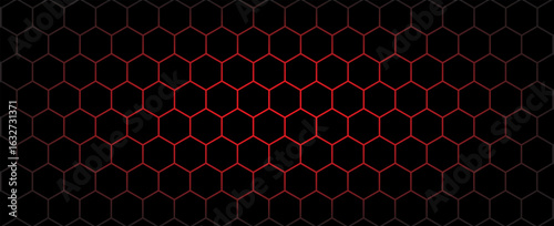 Dark hexagon abstract technology background with red and green colored bright flashes under hexagon. Hexagonal gaming vector tech illustration black abstract background. vector EPS 10