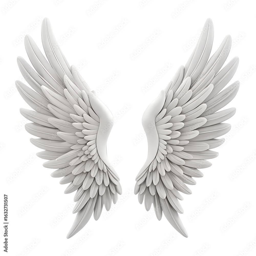 Obraz premium A pair of majestic white angel wings, intricately detailed with soft feathers, symbolizing purity and grace, isolated on white background