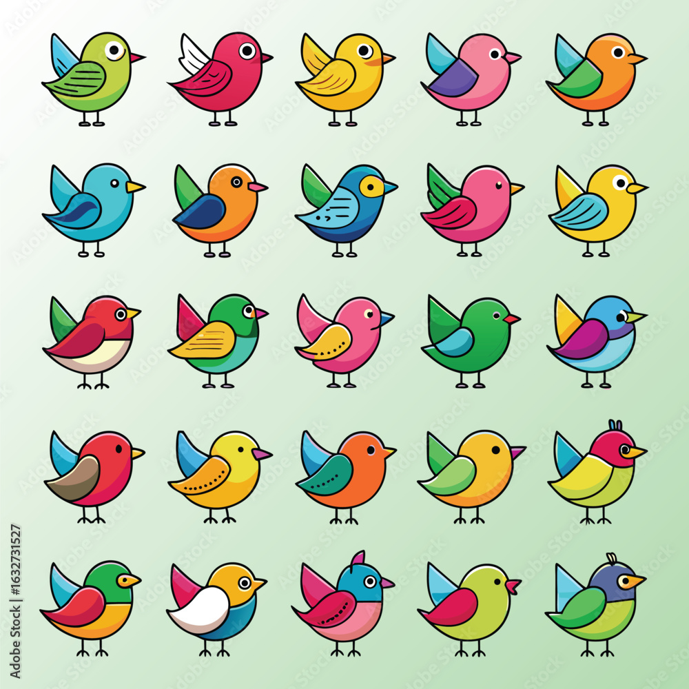 Fototapeta premium Twenty Small Colorful Cartoon Birds in a Grid Pattern illustration