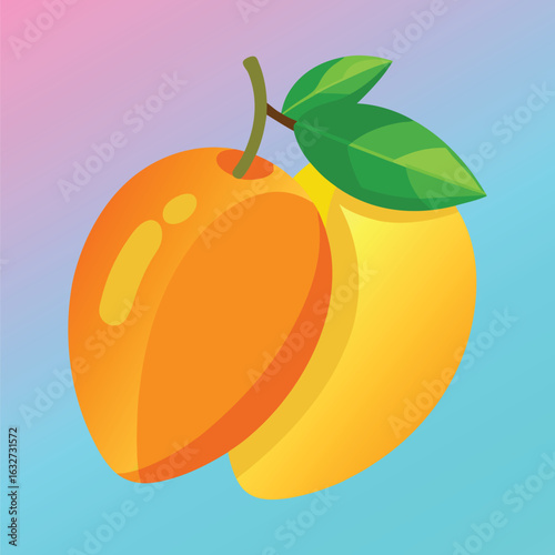 Two ripe yellow and orange peaches with green leaves on a pastel gradient background