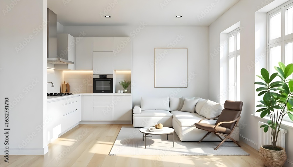 Fototapeta premium Modern apartment with white walls and light wooden floor