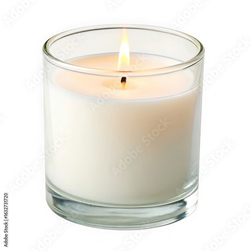 Lit scented candle in a clear glass jar isolated on transparent background