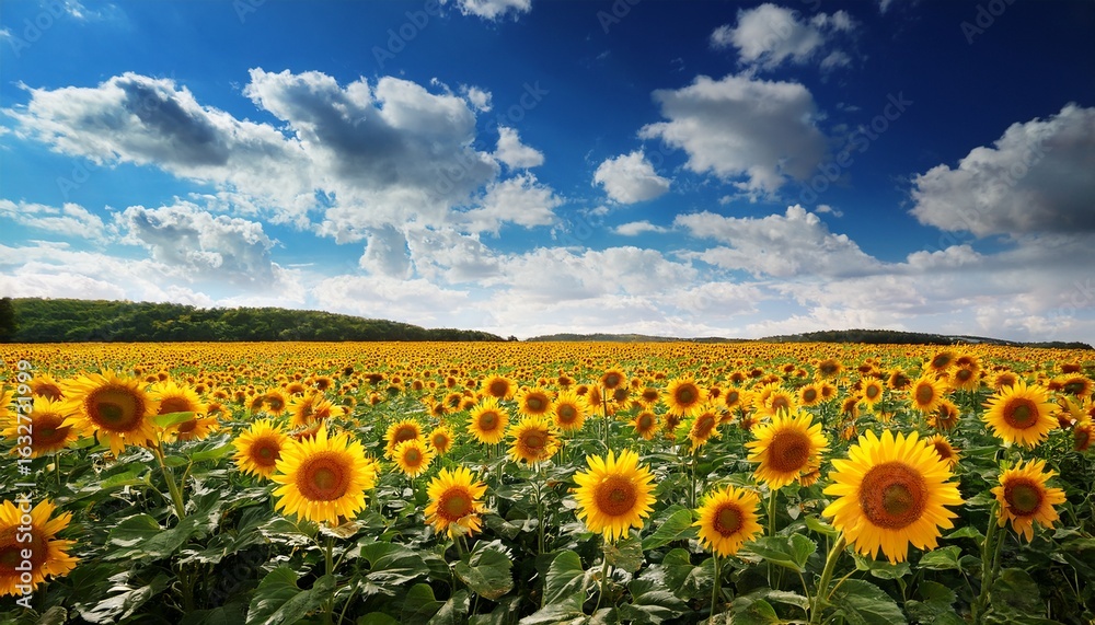 Obraz premium sunny sunflower field under a cloudy blue sky