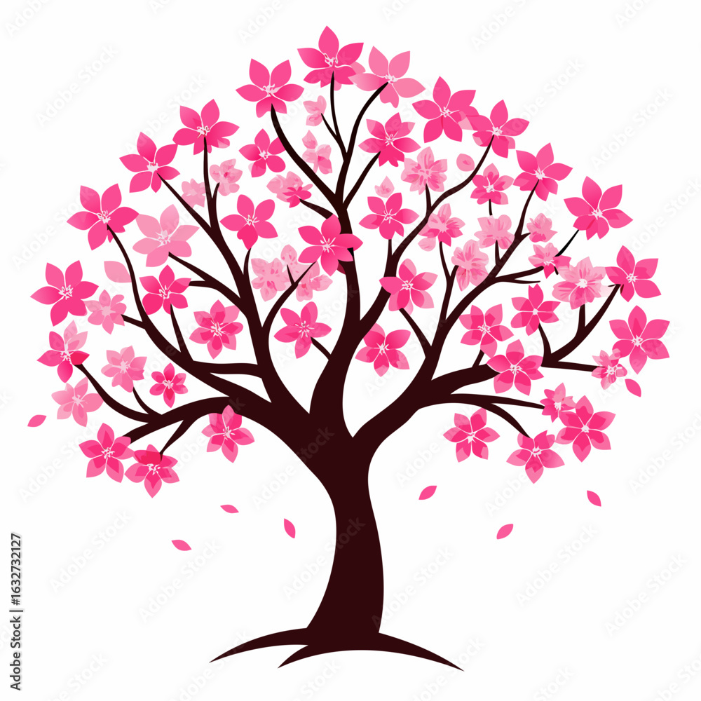 Fototapeta premium Pink cherry blossom tree silhouette vector, white background