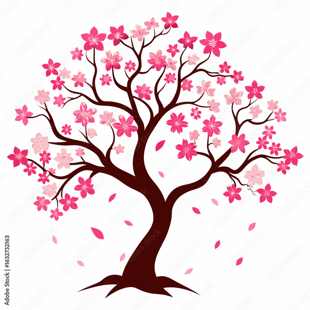 Fototapeta premium Pink cherry blossom tree silhouette vector, white background