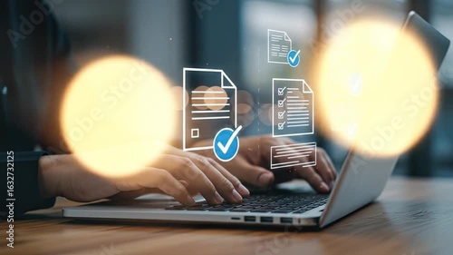 Seamless digital workflow with online document management and approvals using a modern laptop in bright office setting