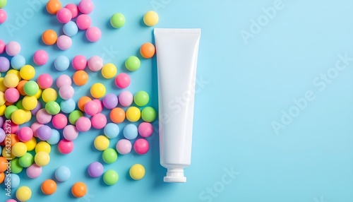 Wallpaper Mural top view of toothpaste tube with chewing colorful candy isolated on blue with copy space Torontodigital.ca