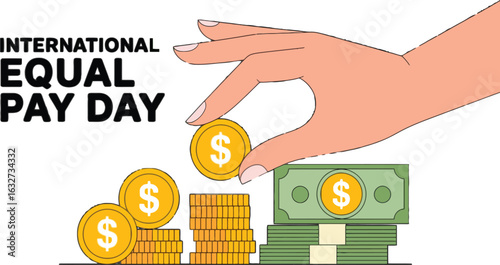 International Equal Pay Day: Hand Adds Coin to Stack of Money Symbolizing Fairness
