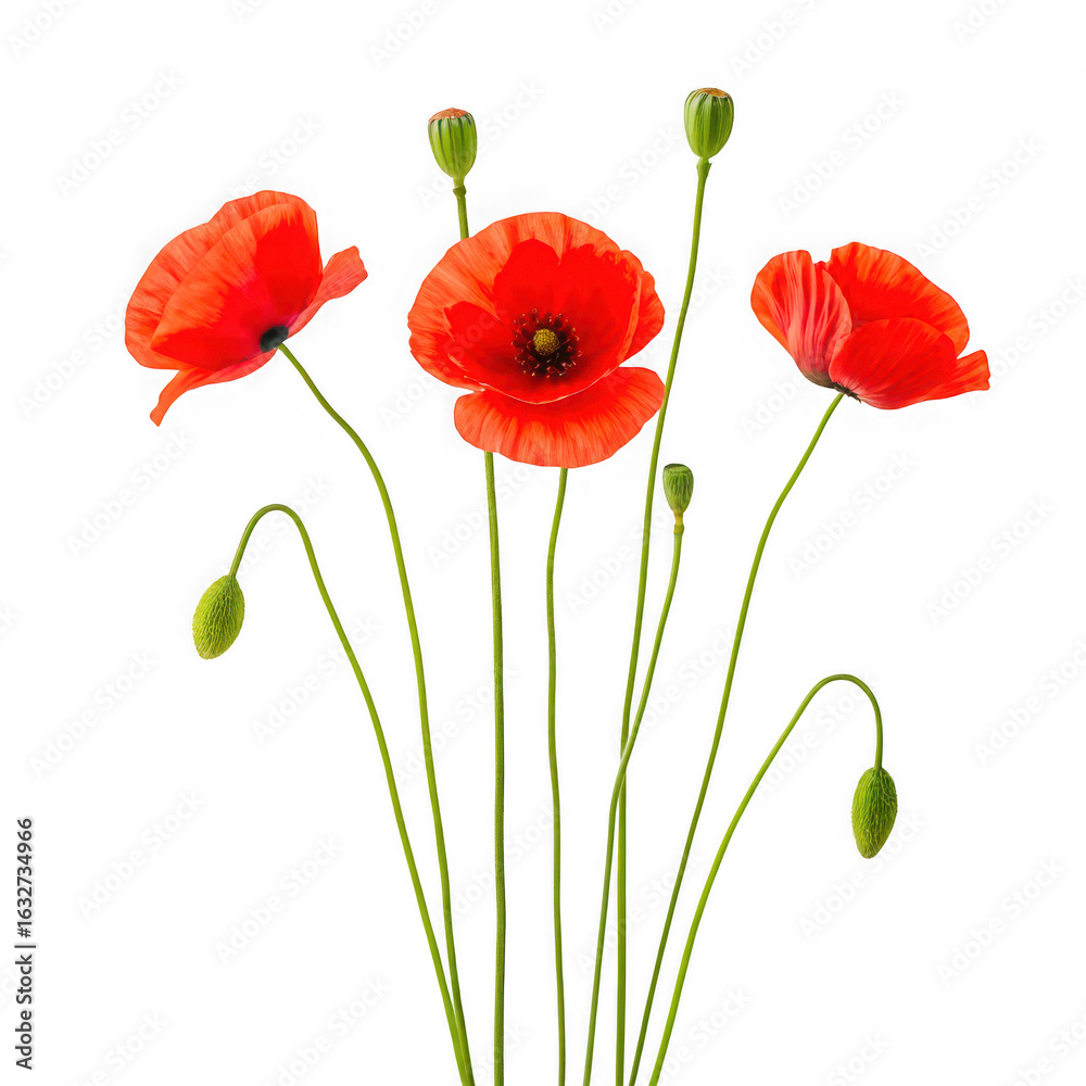 Obraz premium Vibrant red poppies with buds isolated on transparent background