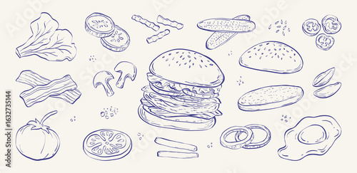Burger menu vintage template. Hand drawn fast food sketches of a hamburger ingredients. Doodle style icons for menu design, banners, packaging. Vector illustration