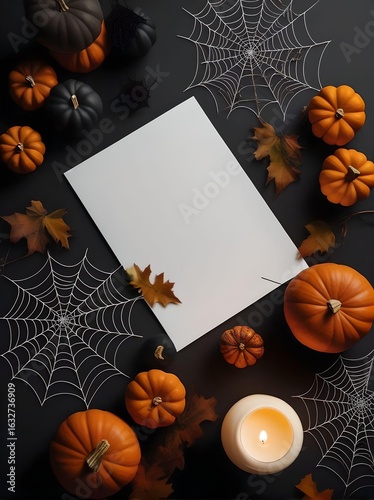 Halloween Card Mockup with Fall Leaves, Pumpkins,  and Rustic Background