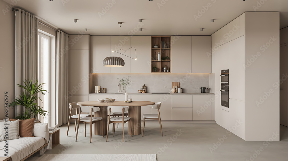 Fototapeta premium Neutral-toned kitchen with wooden accents and minimalist design. 
