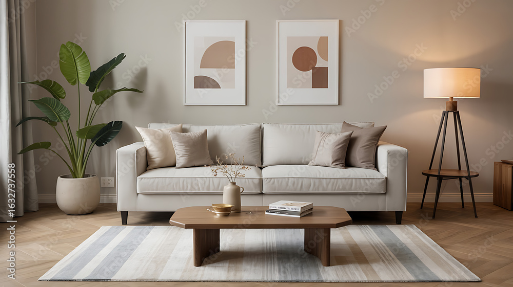 Fototapeta premium Beige sofa and coffee table in a modern living room. 