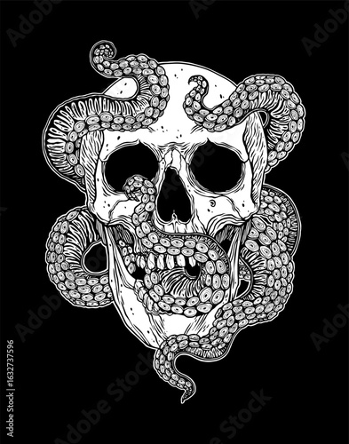 Creepy octopus tentacles in human skull