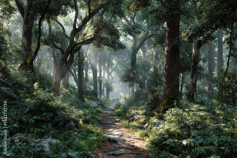 Naklejka premium Sun rays illuminate tranquil forest path in Great Smoky Mountains National Park