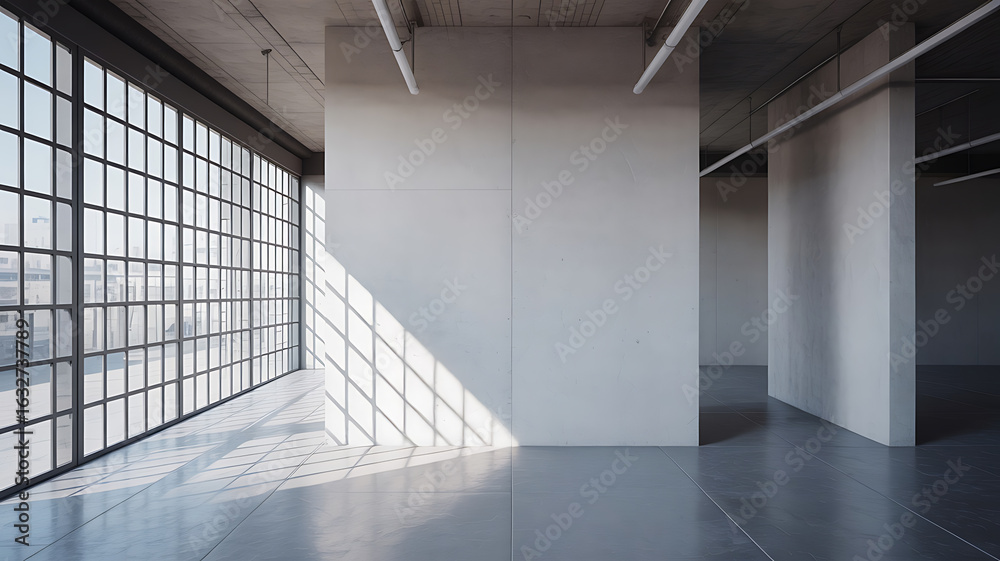 Fototapeta premium Empty, bright industrial space with large windows. 