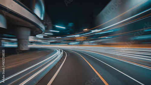Night city streets, blurred motion of cars, urban highway at night.
