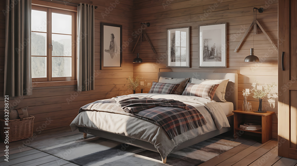 Fototapeta premium Cozy bedroom with wooden walls, a bed, and warm lighting.