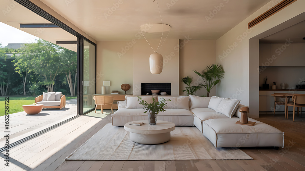 Fototapeta premium Modern, light-filled living room with outdoor views. 