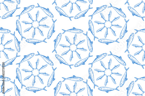 Sardines, fish, seafood, seamless pattern vector illustration, hand drawn sketch