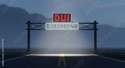 Dui Checkpoint On a Foggy Road at Dusk Under the Neon Sign