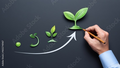 Understanding business growth stages diagram with plant metaphor and upward arrow